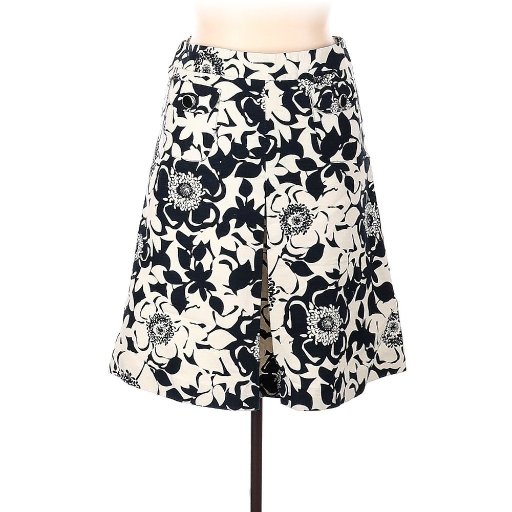 Merona Black & White Ivory Graphic Floral Kick-Pleat Fit & Flare Skirt sz 4 EUC